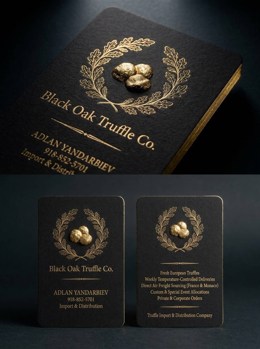 The Embossed Gold Standard concept: 48pt ultra-heavy black cotton · raised gold foil emblem · flat gold foil type