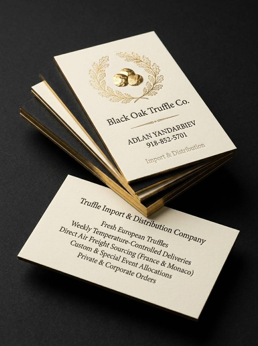 The Letterpress Reversal concept: 48pt duplex: cream cotton + black cotton core · deep letterpress (black core reveal) · raised gold foil emblem