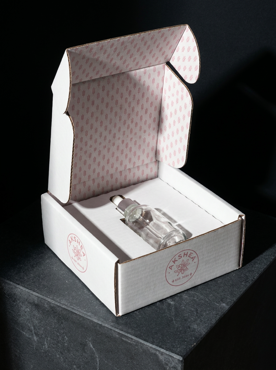 Premium printed corrugated mailer concept: corrugated white · printed_interior · matte_lam