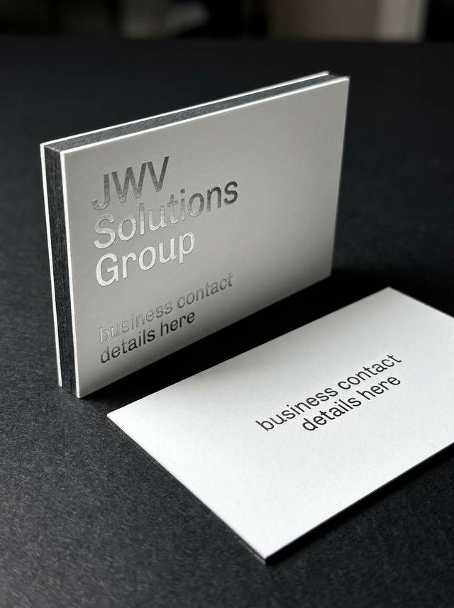 The Bold Move concept: 32pt duplex (white/charcoal) · satin silver foil · blind deboss