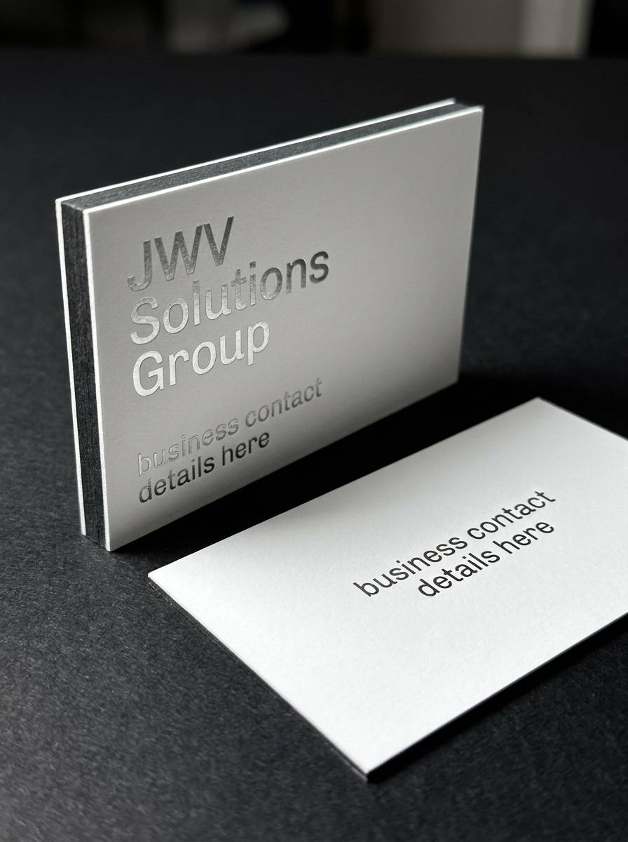 The Bold Move concept: 32pt duplex (white/charcoal) · satin silver foil · blind deboss