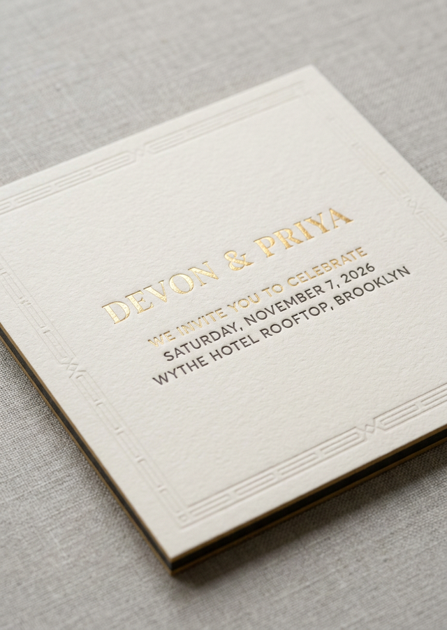 Wedding Invitation Suite concept: Triplex cotton ~600gsm in ivory with charcoal core · Painted gold edges on 600gsm stock · Square-cut corners