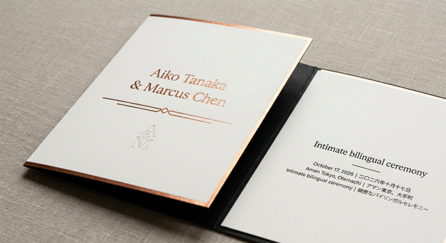 Wedding Invitation Suite concept: Triplex cotton ~600gsm, black core with warm white faces · Edge foil in copper