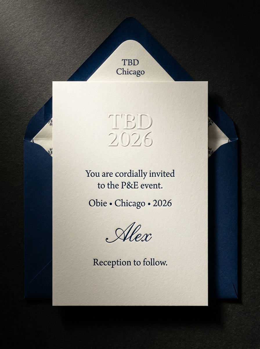 Wedding Invitation Suite concept: Cotton 32pt · Chemical etch — TBD logo and fine-rule border (raised unetched relief on brushed steel surface) · Laser engrave — personalized message and bottom date line