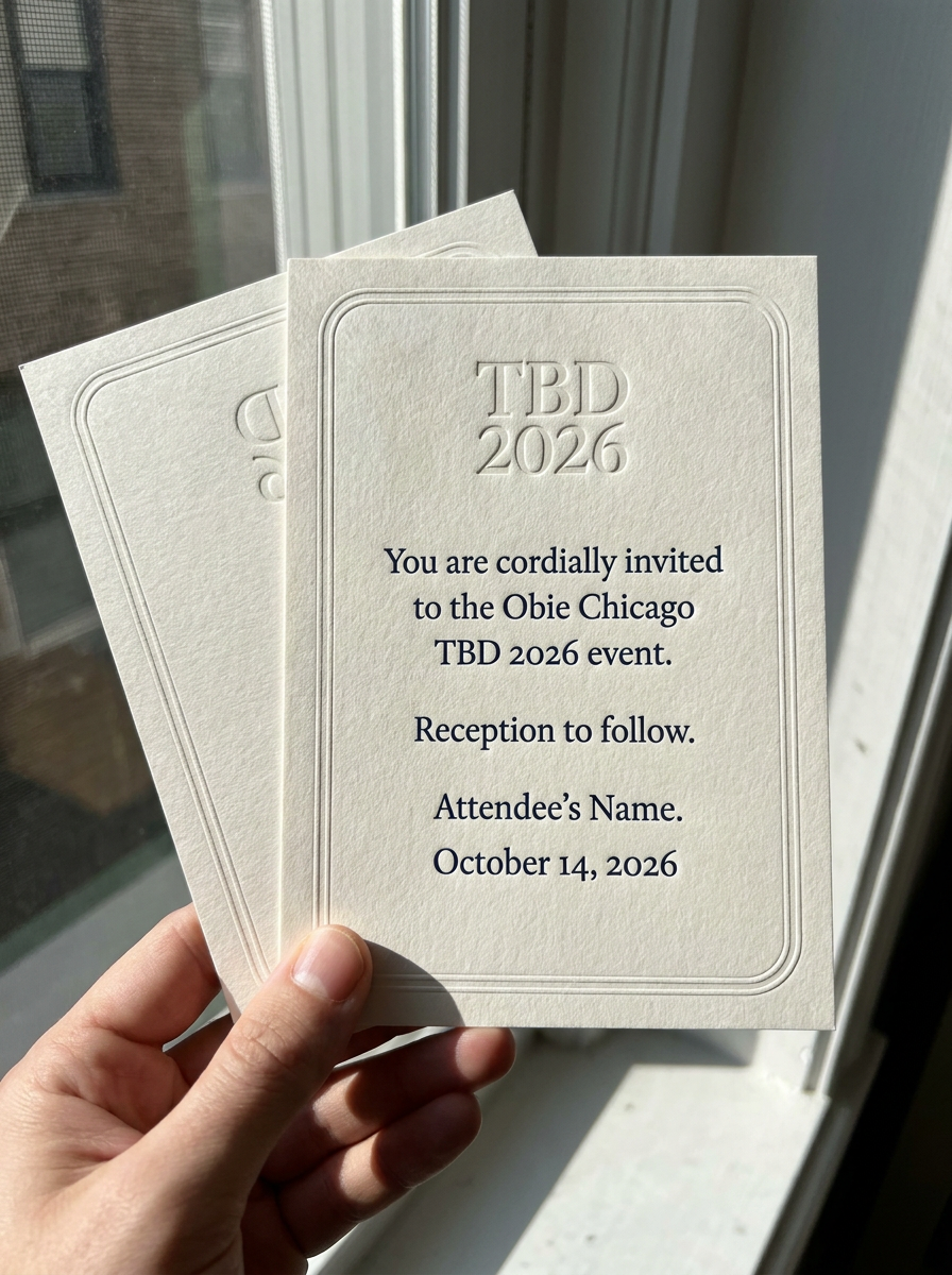 Wedding Invitation Suite concept: Cotton 32pt · Raised blind emboss — logo, double-rule border with subtly rounded corners, bottom date line · 1-color deep navy letterpress for personalized message
