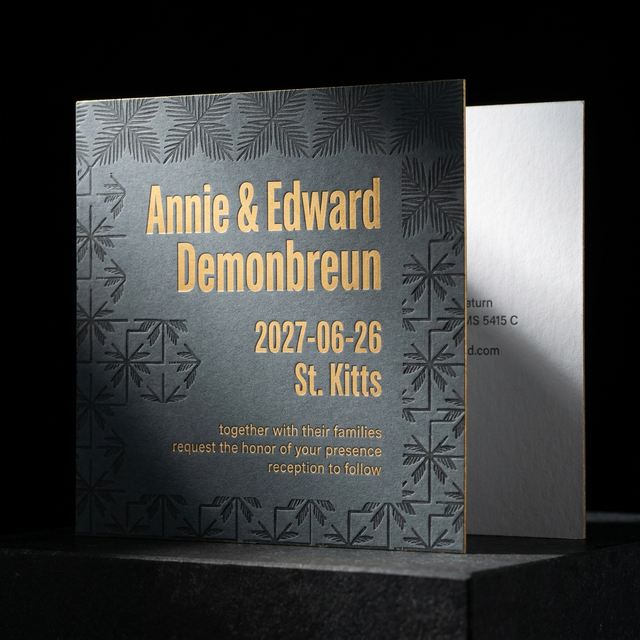 Wedding Invitation Suite concept: Duplexed Colorplan Slate (face) + bright white cotton (back), ~48pt combined · Edge Chenhui 171M Matte Gold Foil in warm gold