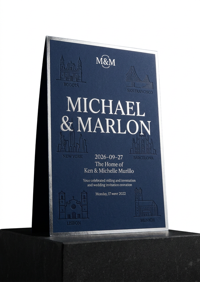 Wedding Invitation Suite concept: Colorplan Cobalt (navy) 350gsm · Silver foil stamp — all visible type and monogram · Blind deboss simplified travel-city vignettes on cover