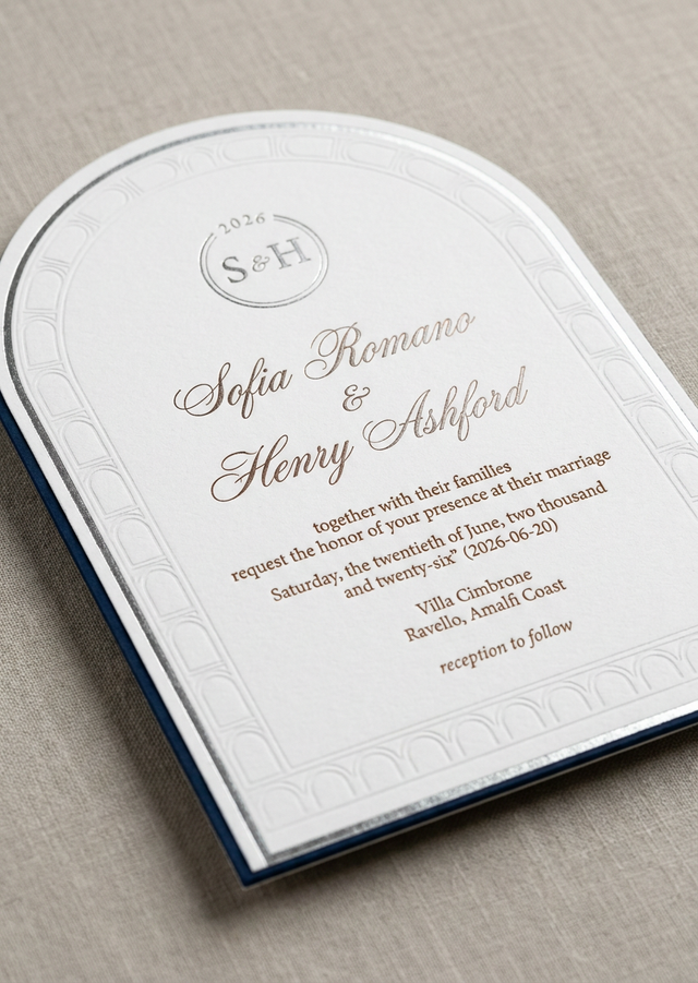 Wedding Invitation Suite concept: Triplex cotton ~600gsm with navy Colorplan core (white–navy–white sandwich) · Edge foil in silver · Die-cut arch silhouette