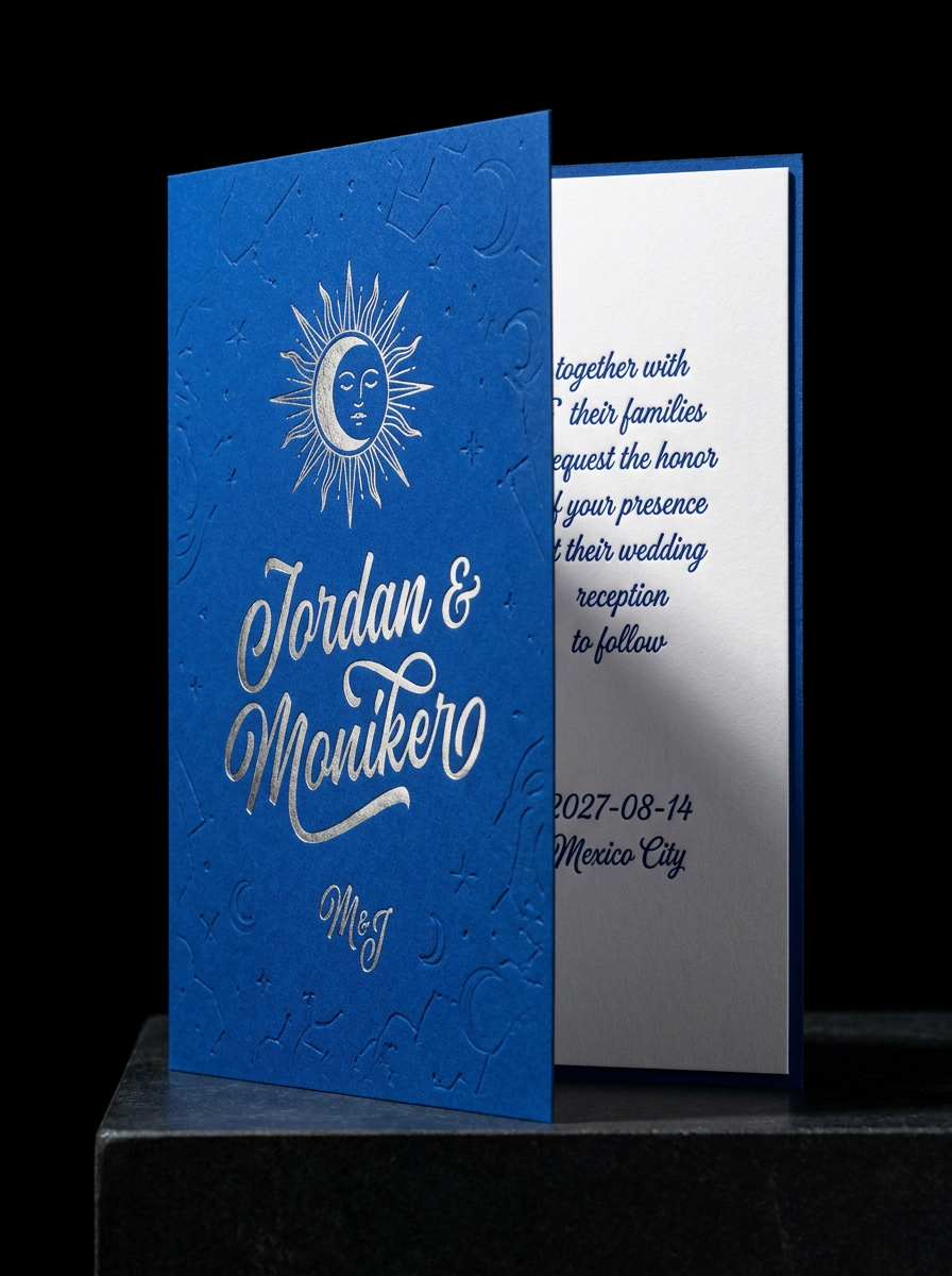 Wedding Invitation Suite concept: Duplex — Colorplan Cobalt Blue face duplexed to white cotton 32pt back, folded 10×7 to 5×7 · Blind deboss celestial motif on cover