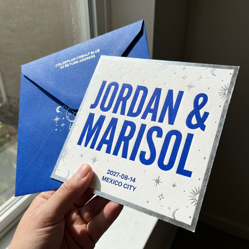 Wedding Invitation Suite concept: 32pt cotton in bright white, with square envelope in Colorplan Cobalt Blue, printed cobalt envelope liner in silver foil celestial motif, silver foil return address on envelope flap · Edge foil in silver