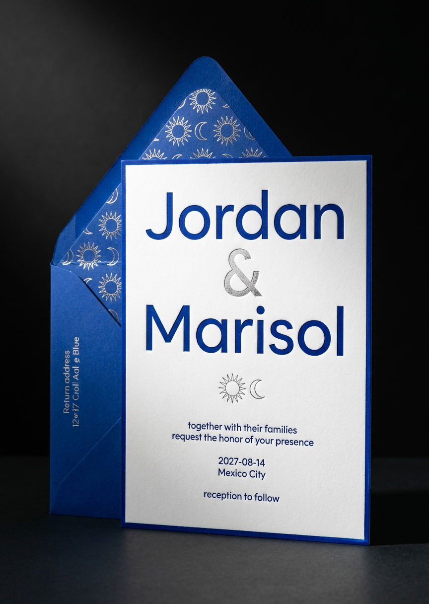 Wedding Invitation Suite concept: 32pt cotton in bright white, with A7 envelope in Colorplan Cobalt Blue, printed cobalt envelope liner featuring sun/moon motif in silver foil, silver foil return address on envelope flap · Hand-painted PMS 2738 cobalt blue edge