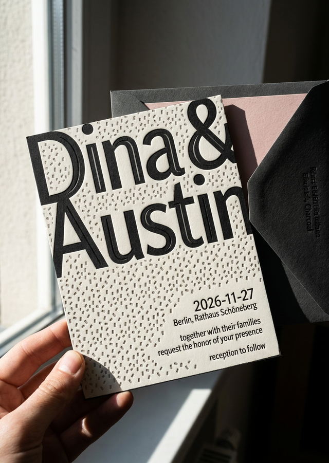 Wedding Invitation Suite concept: 32pt ivory cotton · Deep-bite letterpress in PMS Black 6 C · Blind deboss accent on cropped letterforms
