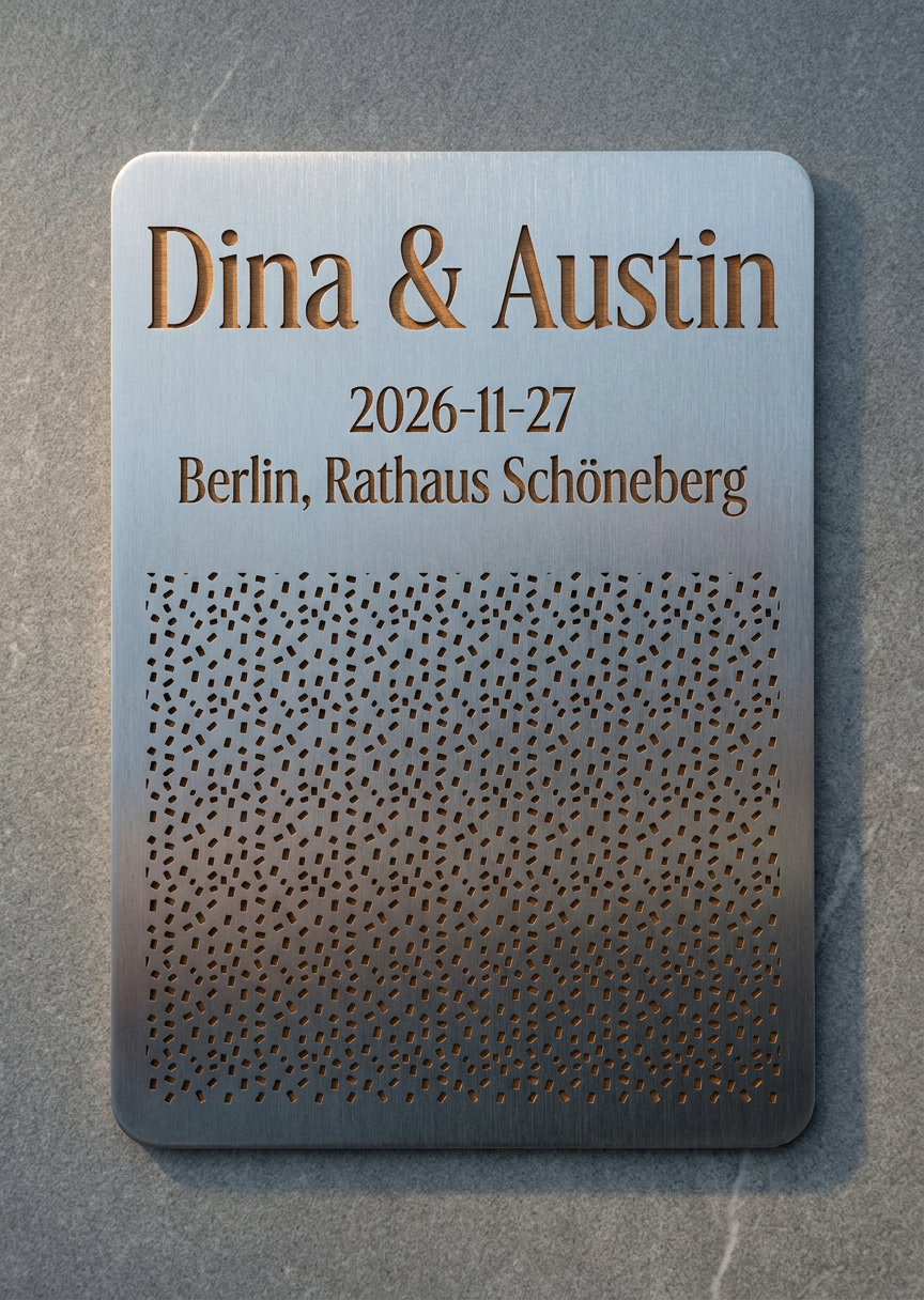 Wedding Invitation Suite concept: Brushed metal (aluminum / stainless) · Laser deboss type on brushed steel face · Laser cut-through confetti shapes revealing cherry